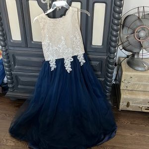 Girls formal dress. Tulle navy blue skirt, white laced top.